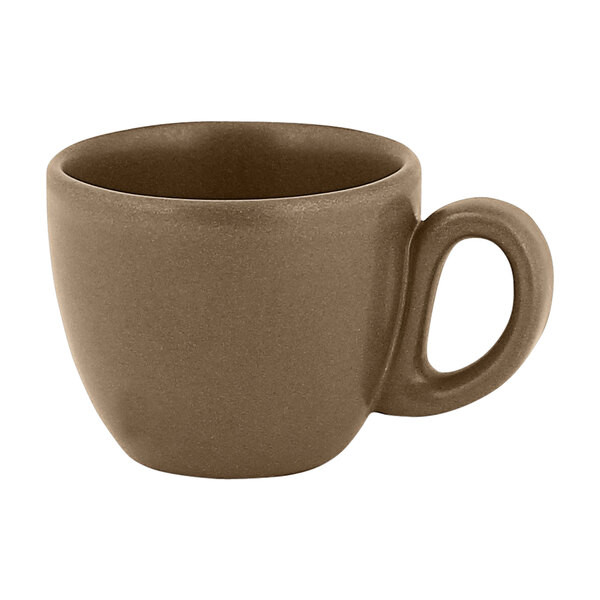 A brown porcelain espresso cup with a handle.