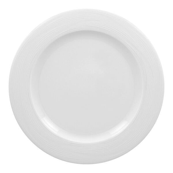A bright white, embossed wide rim round flat porcelain plate.