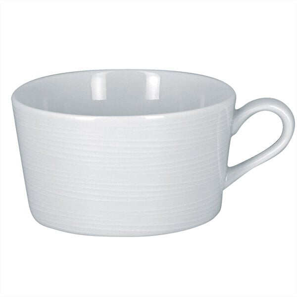 A RAK Porcelain bright white breakfast cup with a handle.