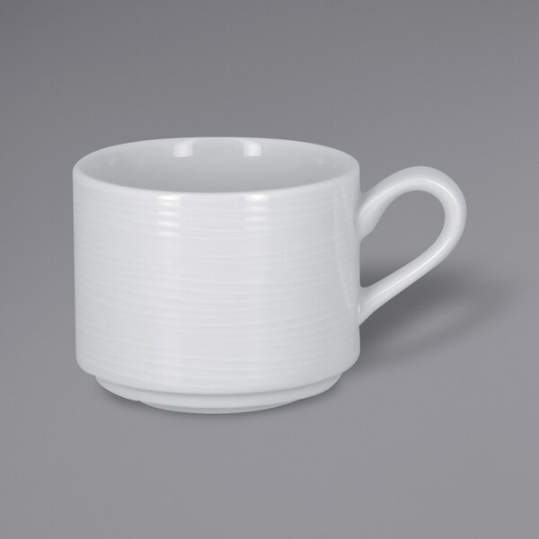 A RAK Porcelain bright white coffee cup with a handle.