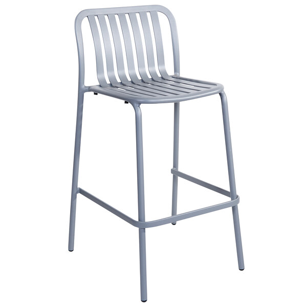 A BFM Seating Key West soft gray powder coated aluminum bar stool with vertical slats.