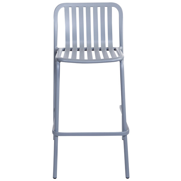 A BFM Seating soft gray aluminum bar stool with a vertical slat back.