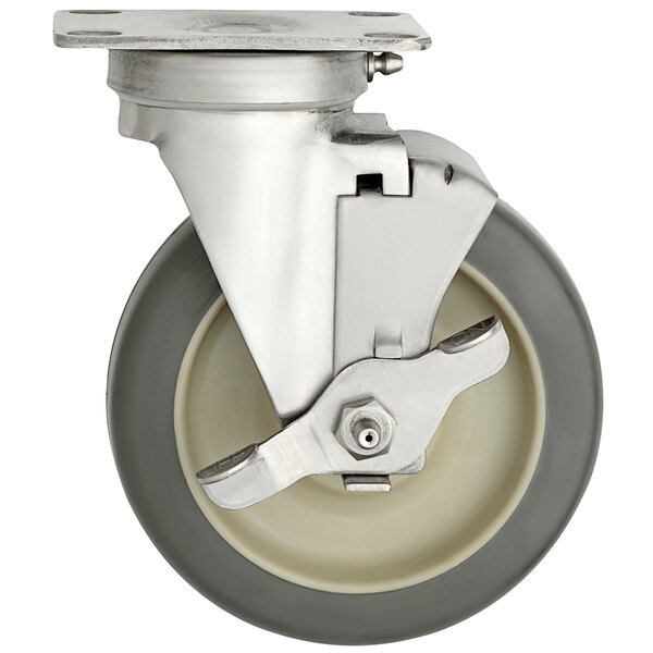 A Metro 6" Super Erecta polyurethane locking swivel plate caster with a metal wheel and rubber tire.