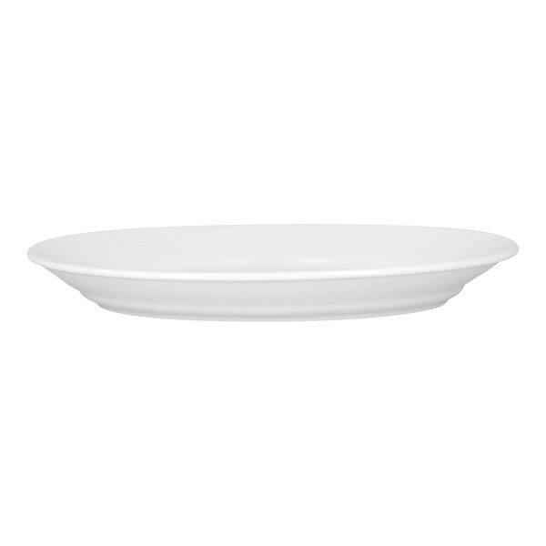 A bright white, embossed oval deep porcelain plate.