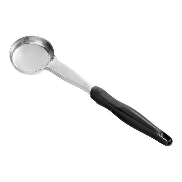 A Vollrath black and silver Jacob's Pride round portion spoon with a handle.