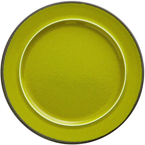 a green plate with a white rim