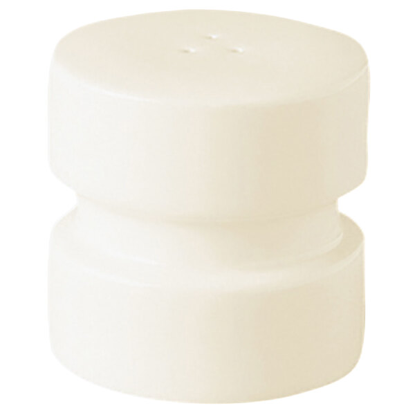 A white porcelain salt shaker with a round top on a white background.