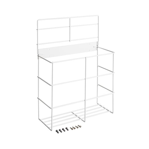 A white wire rack with multiple compartments and included mounting hardware, designed for wall installation.