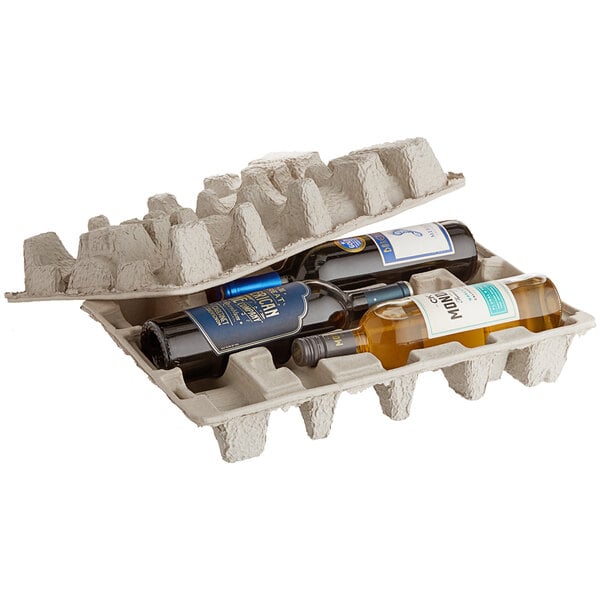 A Lavex molded fiber wine shipper tray holding three wine bottles.