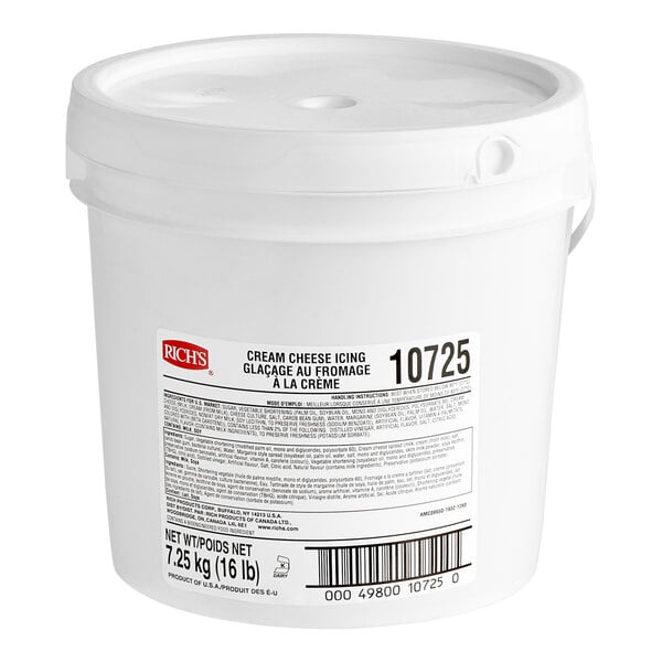 A white Rich's Cream Cheese Icing pail with a lid and label.