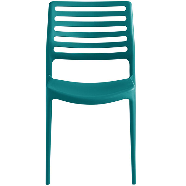 A teal plastic Lancaster Table & Seating Allegro side chair.