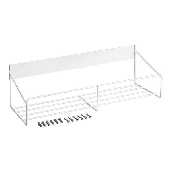 A white metal wire rack with a backplate and mounting hardware, designed to hold multiple bottles.
