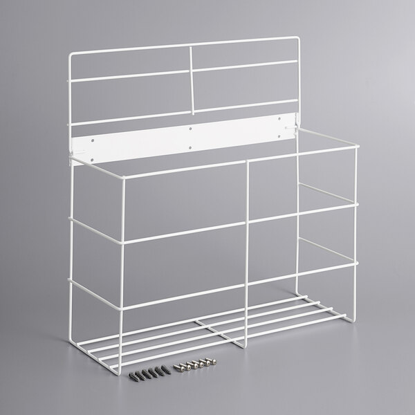 A white metal wire rack with a white shelf and screws.