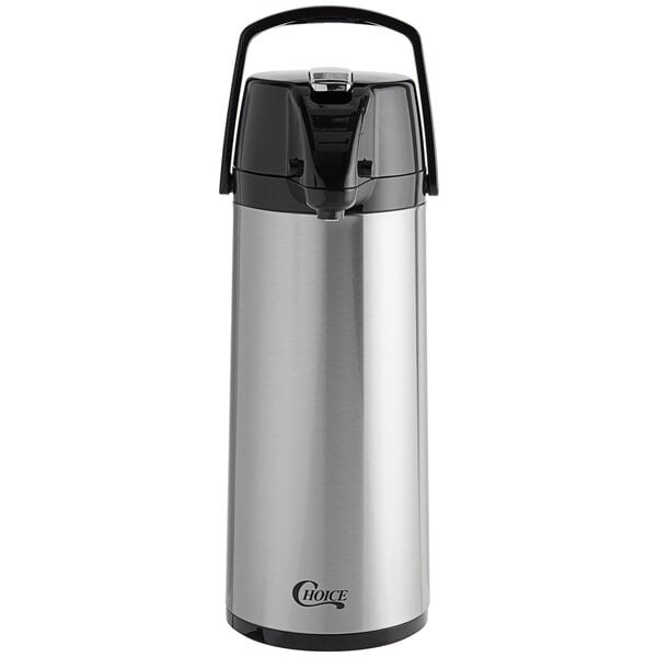 A silver stainless steel airpot with a black lid.