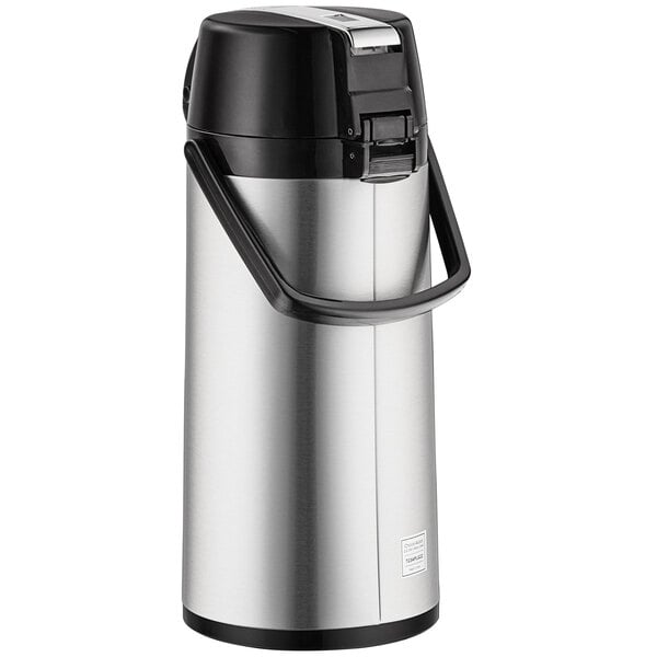 A silver and black stainless steel airpot with a lever.