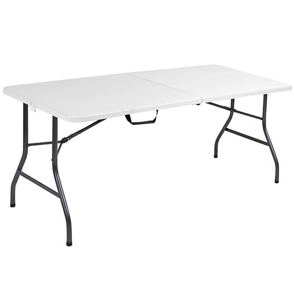 A white rectangular Bridgeport Essentials folding table with a steel frame.