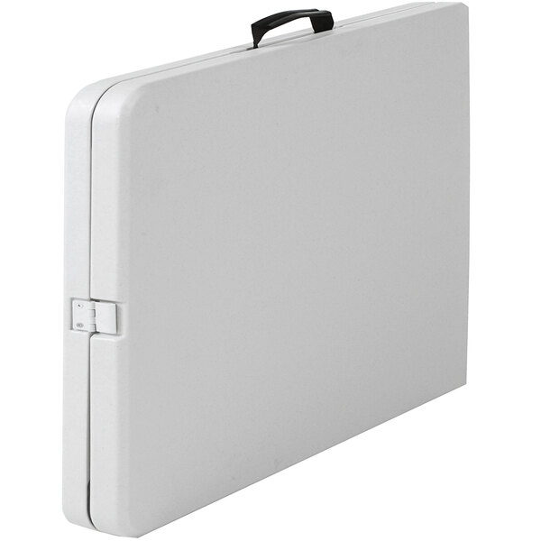 A white rectangular Bridgeport Essentials folding table with a white speckled pattern.