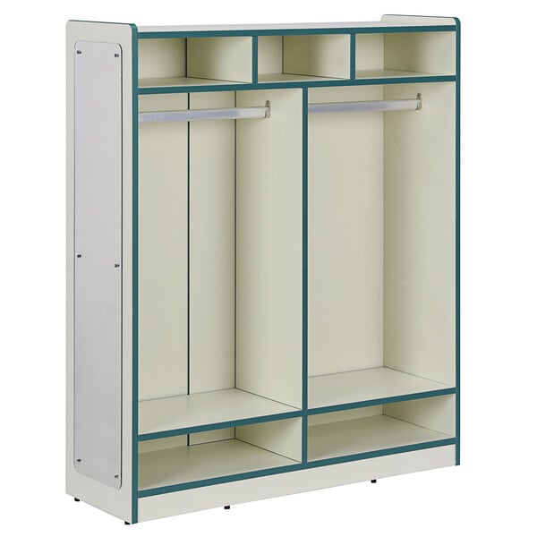 A white and green Bridgeport coat locker with storage cubby and mirror.