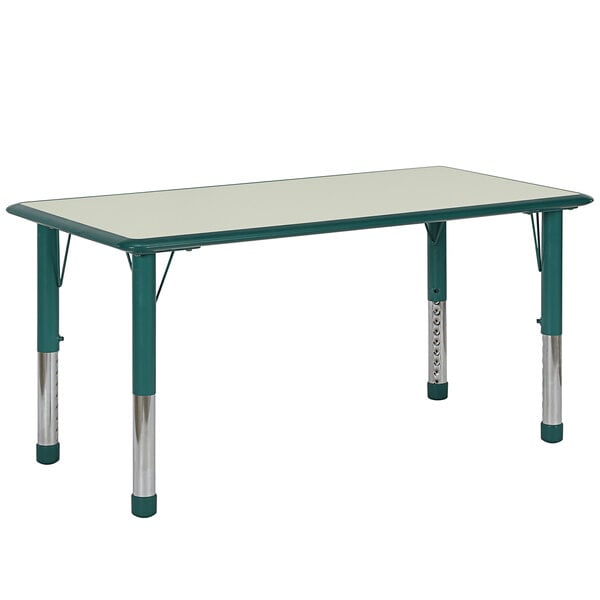 A white rectangular table with green adjustable legs.