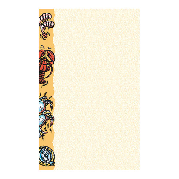 A sheet of paper with a textured beige background and a vertical border on the left featuring colorful illustrations of seafood such as shrimp, lobster, crab, and fish.