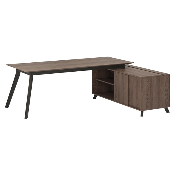 A brown L-shaped desk with connecting storage shelves and drawers.