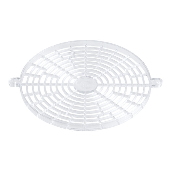 A white plastic round cover with a clear grid of holes.