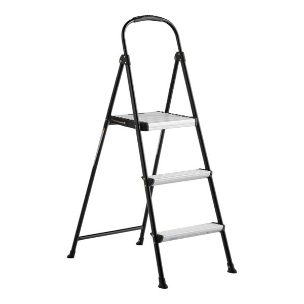 A silver and black 3-step folding step stool with a rubber hand grip.