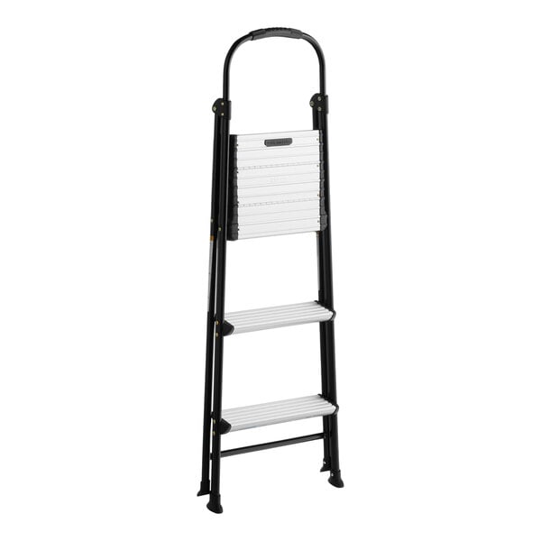 A silver and black 3-step folding step stool with a rubber hand grip.