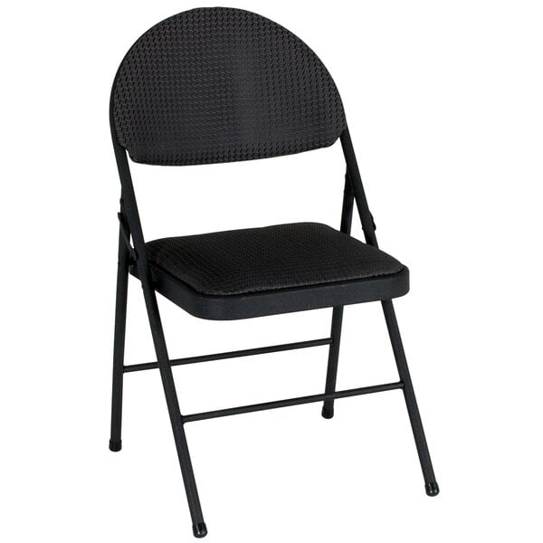 A Bridgeport Essentials black fabric padded folding chair with a steel frame.