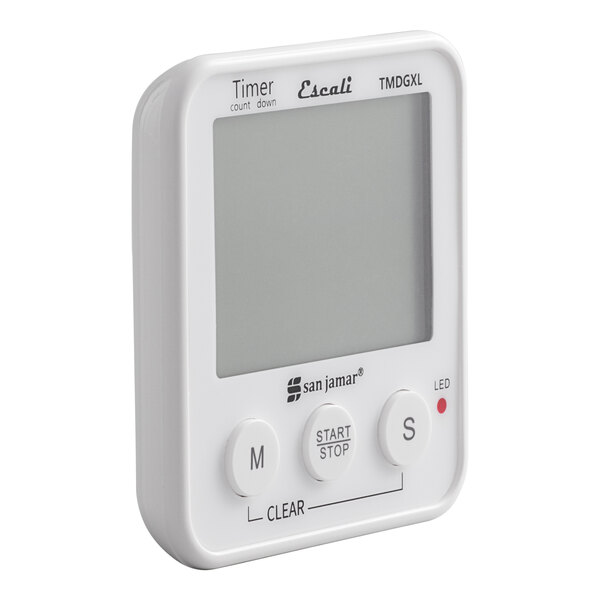 A white digital kitchen timer with an extra large display and three control buttons.
