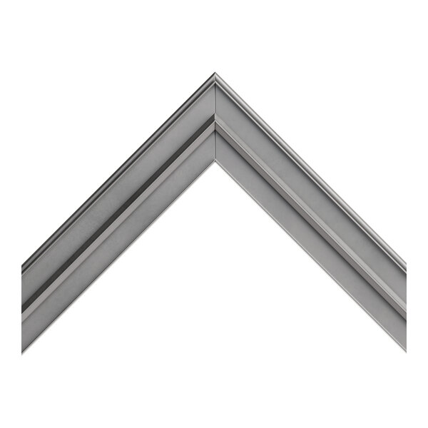 A close-up of a grey metal frame with a white background.