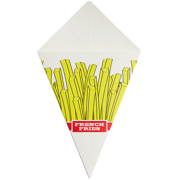 A Carnival King cardboard fry cone filled with French fries in the shape of a kite.
