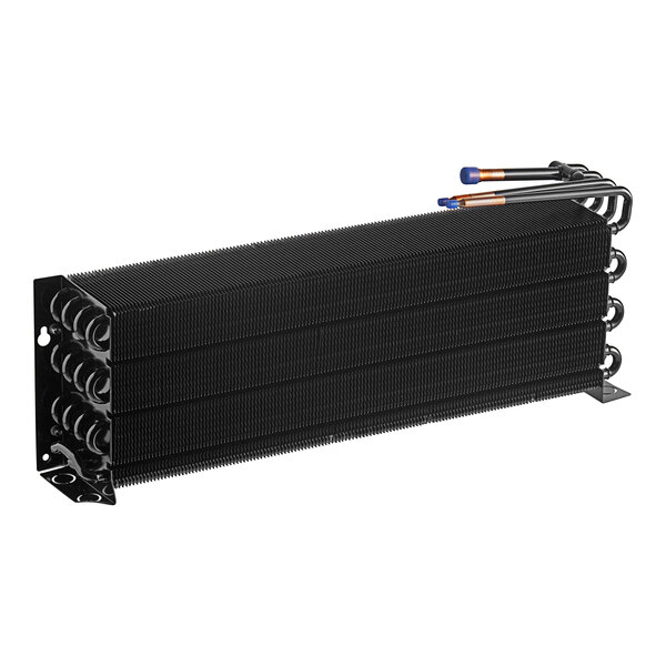 A black metal Continental Refrigerator evaporator coil with pipes.