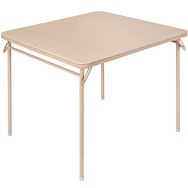 A Bridgeport Essentials square folding table with a steel frame and vinyl top in antique linen.
