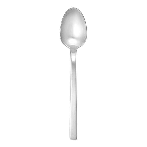 A close-up of a Fortessa Arezzo stainless steel spoon with a silver handle