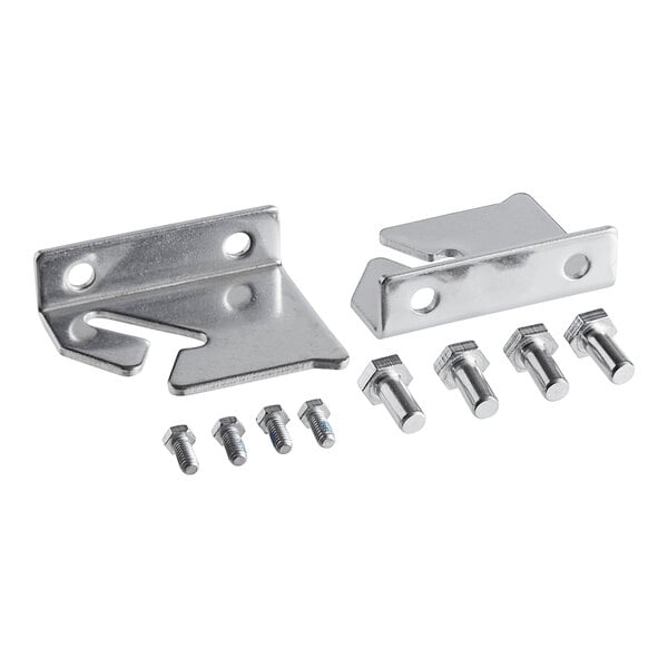 A pair of stainless steel brackets and screws used for a Continental Refrigerator hinge.
