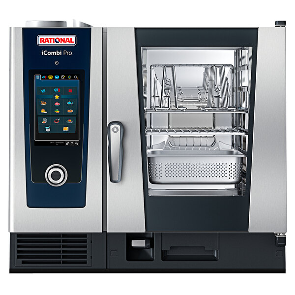 A Rational iCombi Pro liquid propane combi oven on a counter with a digital display.