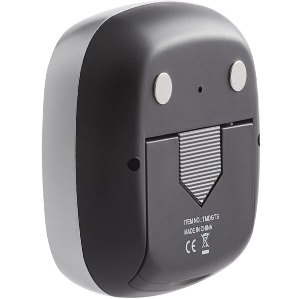 A black and grey San Jamar Escali TMDGTS digital kitchen timer with a backlit touch screen display.