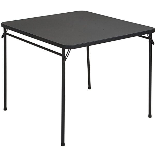 A Bridgeport Essentials black resin square folding table with a steel frame.