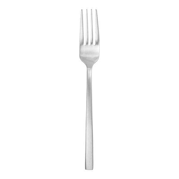 A silver Fortessa Arezzo table fork with a black handle.