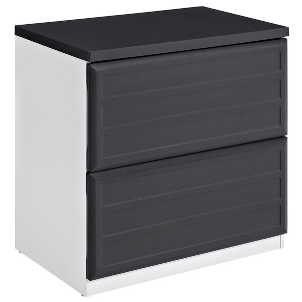 A gray and white Bridgeport lateral file cabinet with two drawers.