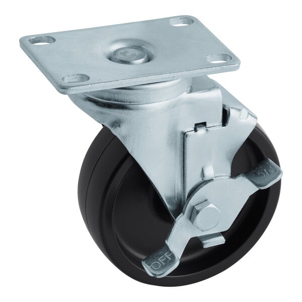 A black metal plate caster with black wheels.