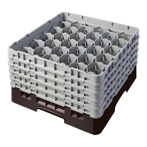 A brown plastic Cambro glass rack with extenders.