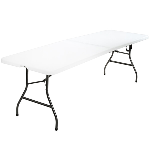 A white rectangular Bridgeport Essentials fold-in-half table with a black steel frame.