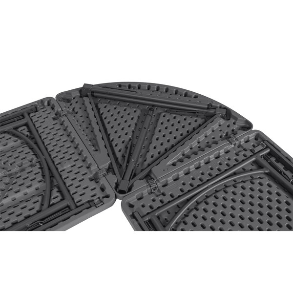 A ZOWN gray commercial blow molded resin folding table corner.