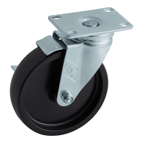 A metal plate with a black rubber wheel attached to it.