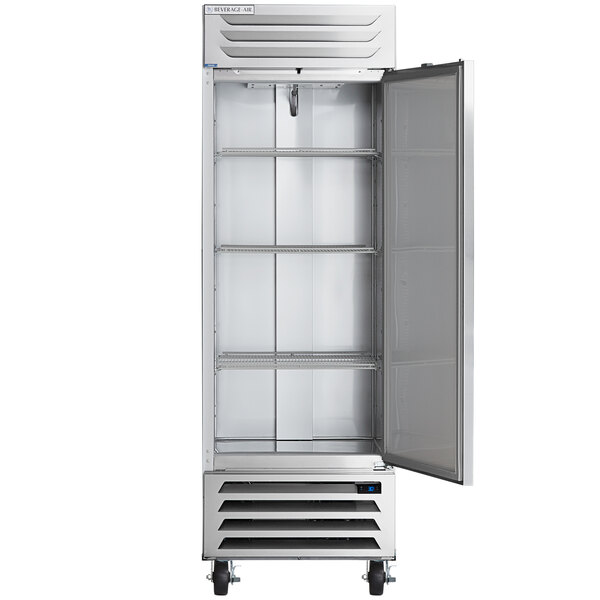 A silver Beverage-Air reach-in freezer with a door open.