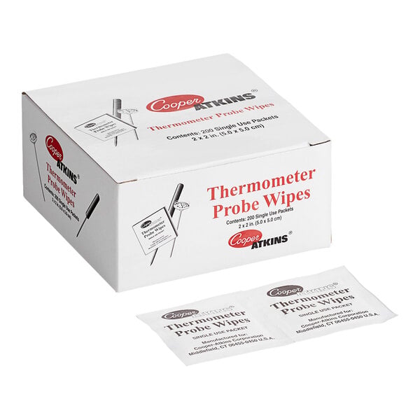 A white box labeled 'Thermometer Probe Wipes' with two individual wipe packets displayed in front of it.