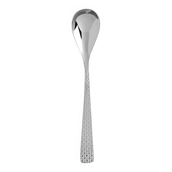A Fortessa 18/10 stainless steel demitasse spoon with a long stem.