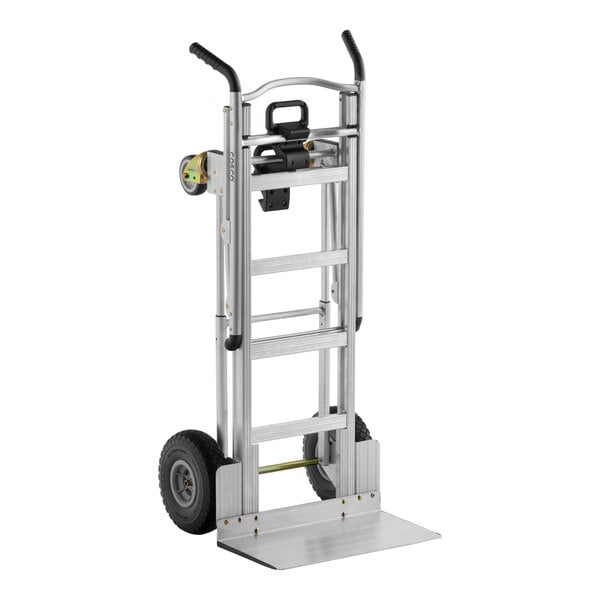 A silver aluminum hand truck/cart with heavy-duty flat free wheels and a foldable platform.